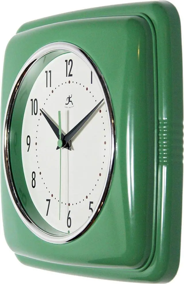 Alt view image 3 of 6 - Infinity Instruments Square Silent Retro 9 inch Mid Century Modern Kitchen Diner Retro Wall Clock Quartz Sweep Movement (Green)