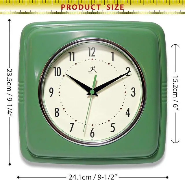 Alt view image 4 of 6 - Infinity Instruments Square Silent Retro 9 inch Mid Century Modern Kitchen Diner Retro Wall Clock Quartz Sweep Movement (Green)
