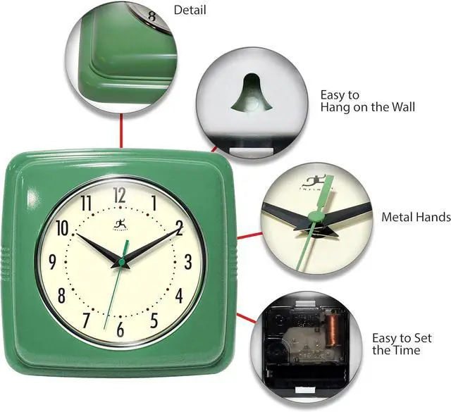 Alt view image 5 of 6 - Infinity Instruments Square Silent Retro 9 inch Mid Century Modern Kitchen Diner Retro Wall Clock Quartz Sweep Movement (Green)