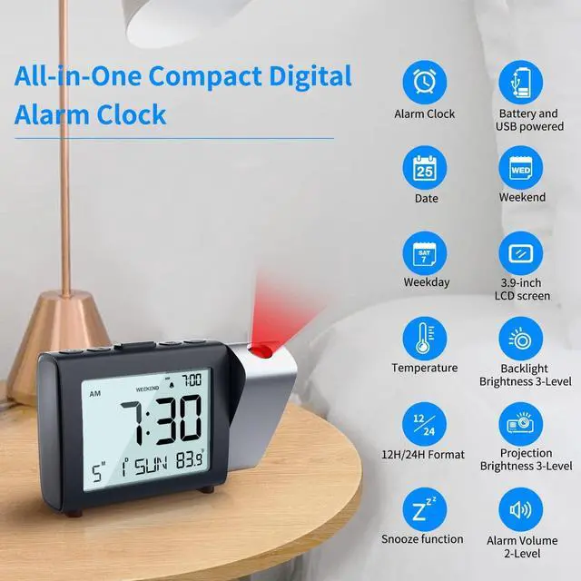 Alt view image 2 of 7 - Projection Alarm Clock for Bedroom: Digital LCD Clock with Temperature Date Snooze 12/24H and Weekend Mode, Easy Set Dimmer Clock with 2-Levels Volume, Mains and Battery Operated