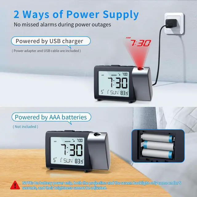 Alt view image 3 of 7 - Projection Alarm Clock for Bedroom: Digital LCD Clock with Temperature Date Snooze 12/24H and Weekend Mode, Easy Set Dimmer Clock with 2-Levels Volume, Mains and Battery Operated