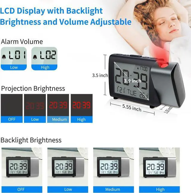 Alt view image 5 of 7 - Projection Alarm Clock for Bedroom: Digital LCD Clock with Temperature Date Snooze 12/24H and Weekend Mode, Easy Set Dimmer Clock with 2-Levels Volume, Mains and Battery Operated