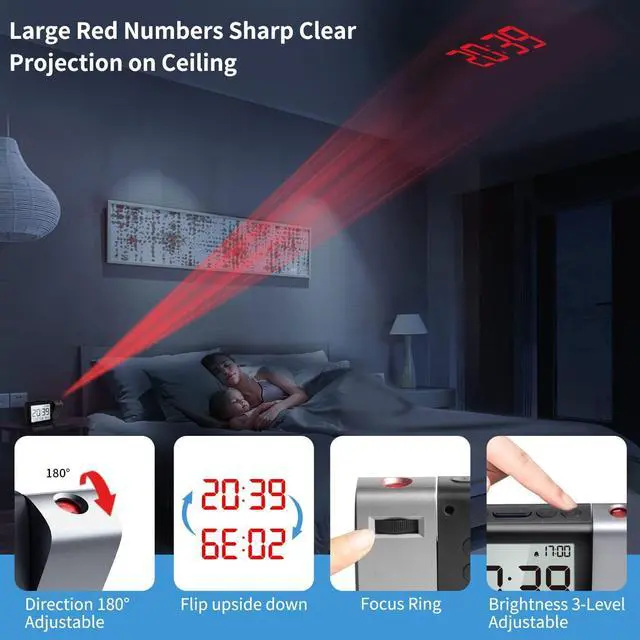 Alt view image 4 of 7 - Projection Alarm Clock for Bedroom: Digital LCD Clock with Temperature Date Snooze 12/24H and Weekend Mode, Easy Set Dimmer Clock with 2-Levels Volume, Mains and Battery Operated