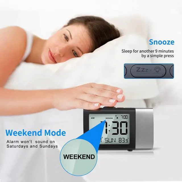 Alt view image 6 of 7 - Projection Alarm Clock for Bedroom: Digital LCD Clock with Temperature Date Snooze 12/24H and Weekend Mode, Easy Set Dimmer Clock with 2-Levels Volume, Mains and Battery Operated
