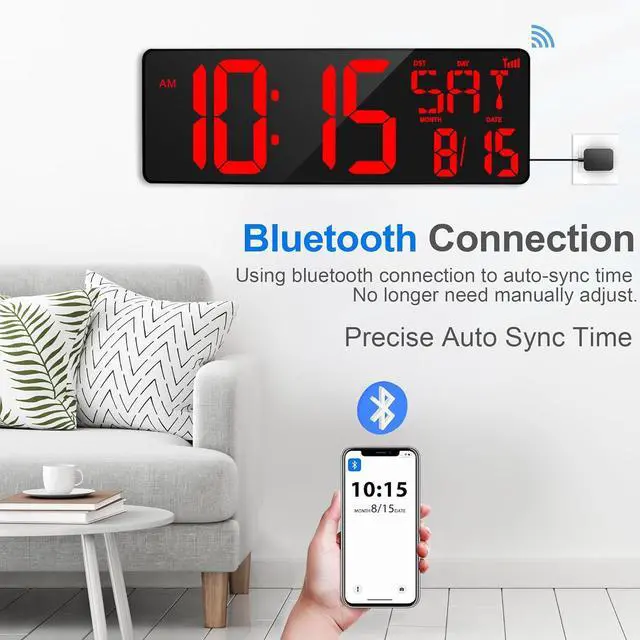 Alt view image 2 of 6 - XREXS 17.2" Large Digital Wall Clock Bluetooth Sync Time, Precise Atomic Clocks with Remote Control, Adjustable Dimmer Grandfather Clock, Temperature for Bedroom, Desk Alarm Clock for Elderly