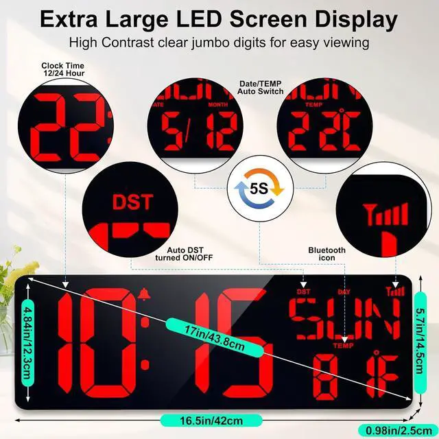 Alt view image 3 of 6 - XREXS 17.2" Large Digital Wall Clock Bluetooth Sync Time, Precise Atomic Clocks with Remote Control, Adjustable Dimmer Grandfather Clock, Temperature for Bedroom, Desk Alarm Clock for Elderly