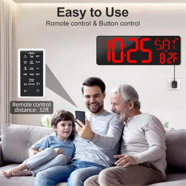 Alt view image 4 of 6 - XREXS 17.2" Large Digital Wall Clock Bluetooth Sync Time, Precise Atomic Clocks with Remote Control, Adjustable Dimmer Grandfather Clock, Temperature for Bedroom, Desk Alarm Clock for Elderly