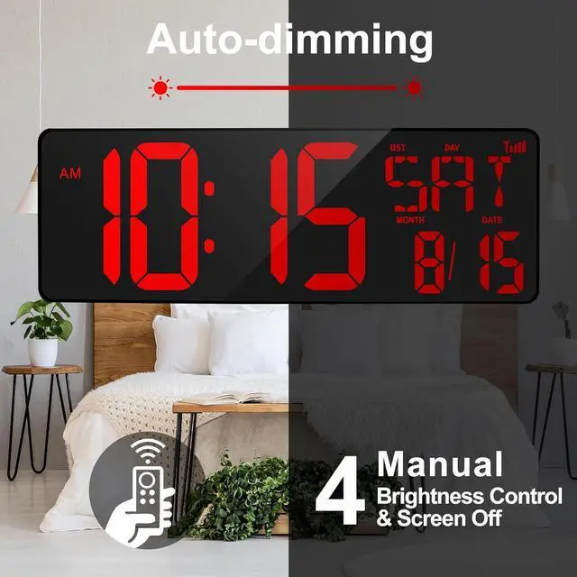 Alt view image 5 of 6 - XREXS 17.2" Large Digital Wall Clock Bluetooth Sync Time, Precise Atomic Clocks with Remote Control, Adjustable Dimmer Grandfather Clock, Temperature for Bedroom, Desk Alarm Clock for Elderly