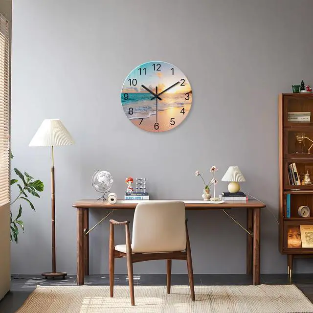 Alt view image 3 of 7 - Beach Wall Clock Battery Operated 12 Inch Glass Wall Clock Non Ticking Analog Blue Wall Clocks for Bedroom Living Room Office Decor