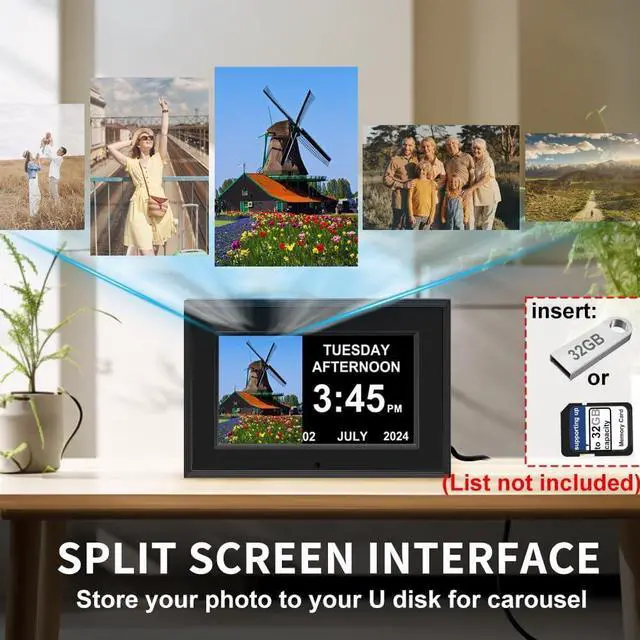 Alt view image 3 of 7 - Alarm Clock with Day and Date for Elderly 7inch Digital Calendar Clock Photo Frame- Auto Dimmable Display 15 Alarm Options, Clock with Non-Abbreviated Day & Month (7inch / Black)