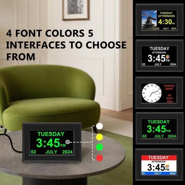 Alt view image 4 of 7 - Alarm Clock with Day and Date for Elderly 7inch Digital Calendar Clock Photo Frame- Auto Dimmable Display 15 Alarm Options, Clock with Non-Abbreviated Day & Month (7inch / Black)