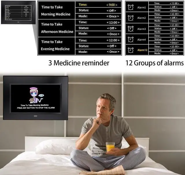 Alt view image 5 of 7 - Alarm Clock with Day and Date for Elderly 7inch Digital Calendar Clock Photo Frame- Auto Dimmable Display 15 Alarm Options, Clock with Non-Abbreviated Day & Month (7inch / Black)