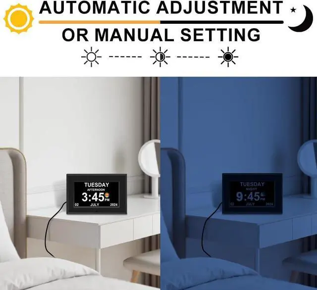 Alt view image 6 of 7 - Alarm Clock with Day and Date for Elderly 7inch Digital Calendar Clock Photo Frame- Auto Dimmable Display 15 Alarm Options, Clock with Non-Abbreviated Day & Month (7inch / Black)
