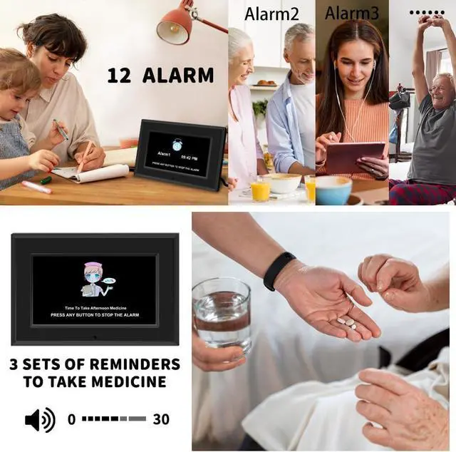 Alt view image 7 of 7 - Alarm Clock with Day and Date for Elderly 7inch Digital Calendar Clock Photo Frame- Auto Dimmable Display 15 Alarm Options, Clock with Non-Abbreviated Day & Month (7inch / Black)
