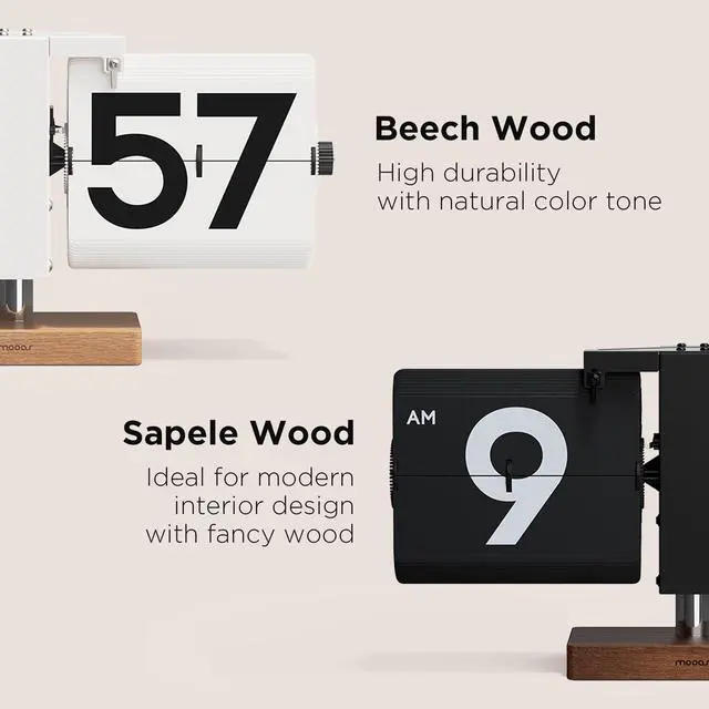 Alt view image 2 of 6 - mooas Classic Modern Wood Big Flip Desk Clock (Black), Retro Vintage Analog Design Auto Flip Clock Table Clock Large Number Battery Powered, Ideal for Home Office School Hotel Café