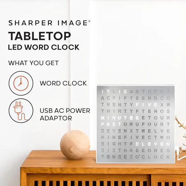 Alt view image 2 of 7 - Sharper Image® LED Light-Up Word Clock [ Exclusive] 7.75" Modern Design, Electronic Accent Wall & Desk Clock, USB Power Cord, Contemporary Home & Office Decor, Easy Setup, Housewarming Gift