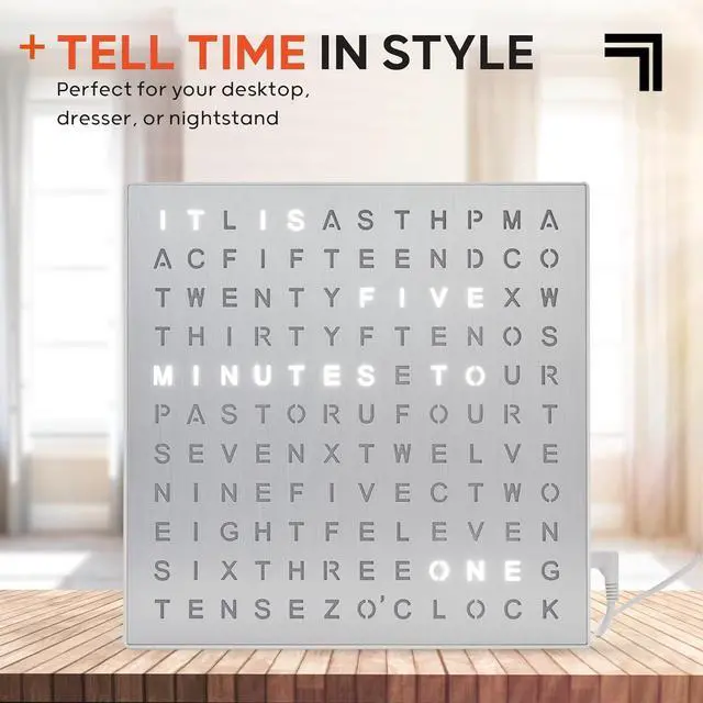 Alt view image 3 of 7 - Sharper Image® LED Light-Up Word Clock [ Exclusive] 7.75" Modern Design, Electronic Accent Wall & Desk Clock, USB Power Cord, Contemporary Home & Office Decor, Easy Setup, Housewarming Gift