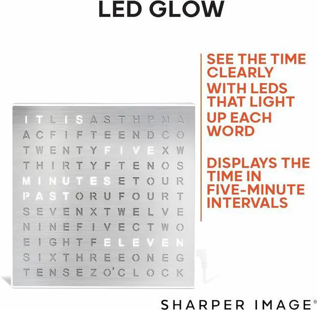 Alt view image 5 of 7 - Sharper Image® LED Light-Up Word Clock [ Exclusive] 7.75" Modern Design, Electronic Accent Wall & Desk Clock, USB Power Cord, Contemporary Home & Office Decor, Easy Setup, Housewarming Gift