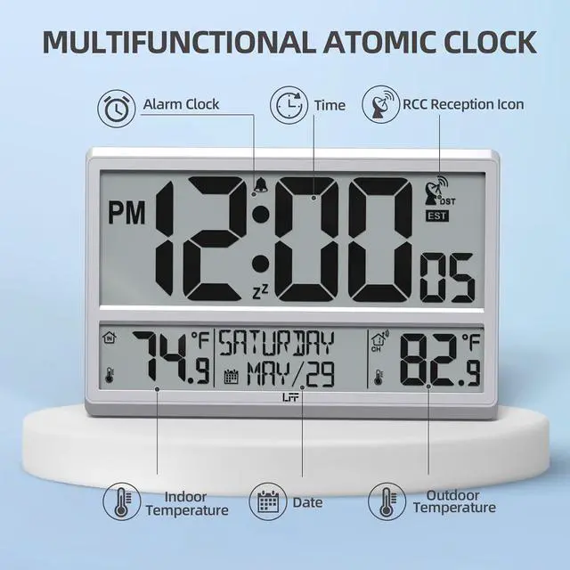 Alt view image 3 of 7 - LFF Atomic Clock 4.5" Numbers, Atomic Wall Clock with Indoor & Outdoor TemperatureNever Needs Setting, Battery Operated, Date, Time, Wireless Outdoor Sensor, Jumbo Display Easy to Read