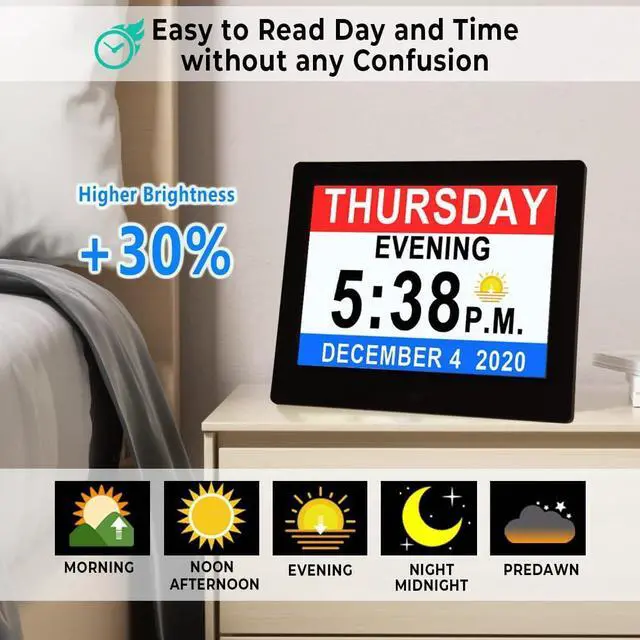 Alt view image 2 of 7 - Véfaîî 19 Alarms Dementia Clock 8 Inch Large Display, Auto DST, 10 Levels Auto Dimmable, Non-Abbreviated Date and Day Calendar Clock for Seniors, with Power Adaptor, Picture Frame Feature