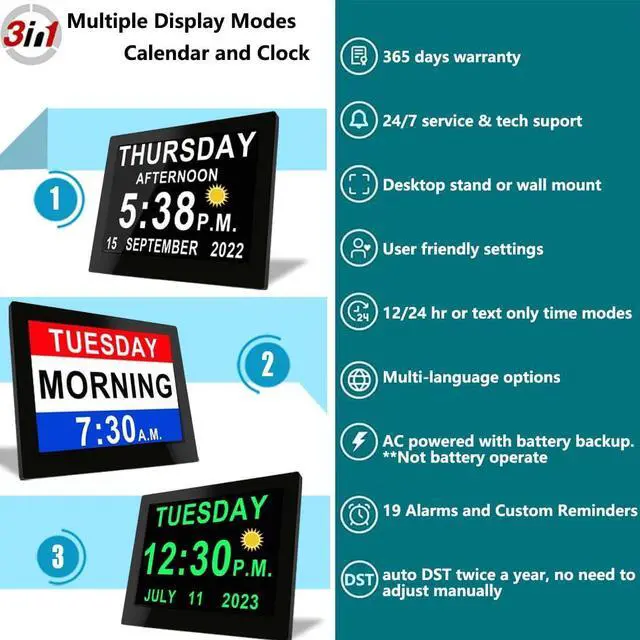 Alt view image 4 of 7 - Véfaîî 19 Alarms Dementia Clock 8 Inch Large Display, Auto DST, 10 Levels Auto Dimmable, Non-Abbreviated Date and Day Calendar Clock for Seniors, with Power Adaptor, Picture Frame Feature