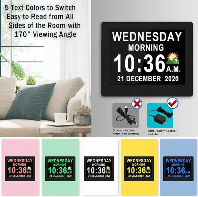 Alt view image 5 of 7 - Véfaîî 19 Alarms Dementia Clock 8 Inch Large Display, Auto DST, 10 Levels Auto Dimmable, Non-Abbreviated Date and Day Calendar Clock for Seniors, with Power Adaptor, Picture Frame Feature