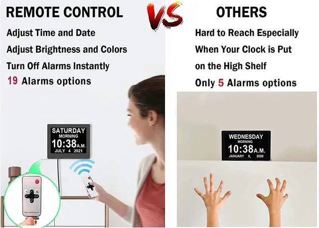 Alt view image 6 of 7 - Véfaîî 19 Alarms Dementia Clock 8 Inch Large Display, Auto DST, 10 Levels Auto Dimmable, Non-Abbreviated Date and Day Calendar Clock for Seniors, with Power Adaptor, Picture Frame Feature