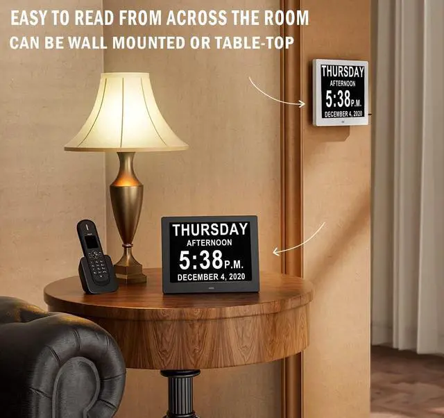 Alt view image 7 of 7 - Véfaîî 19 Alarms Dementia Clock 8 Inch Large Display, Auto DST, 10 Levels Auto Dimmable, Non-Abbreviated Date and Day Calendar Clock for Seniors, with Power Adaptor, Picture Frame Feature