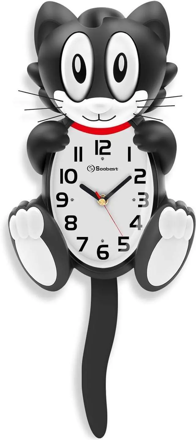 Main image of Soobest 18 Inch 3D Large Cat Wall Clock Battery Operated Silent Non Ticking with Moving Eyes and Pendulum Tail, Retro Kids Analog Wall Clock for Gift Decor Black