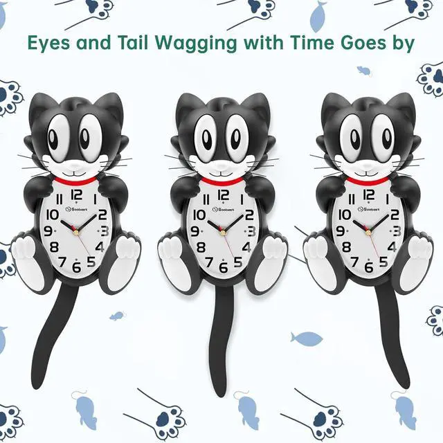 Alt view image 4 of 7 - Soobest 18 Inch 3D Large Cat Wall Clock Battery Operated Silent Non Ticking with Moving Eyes and Pendulum Tail, Retro Kids Analog Wall Clock for Gift Decor Black