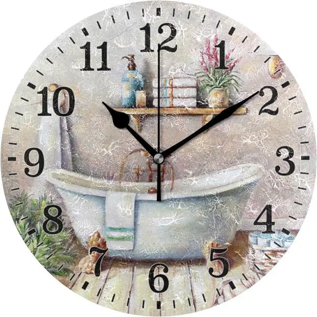 Main image of Silent Wall Clock for Bathroom Decorarion, Battery Powered No Ticking 10 Inch Round Small Plastic Horloge for Home, Living Room