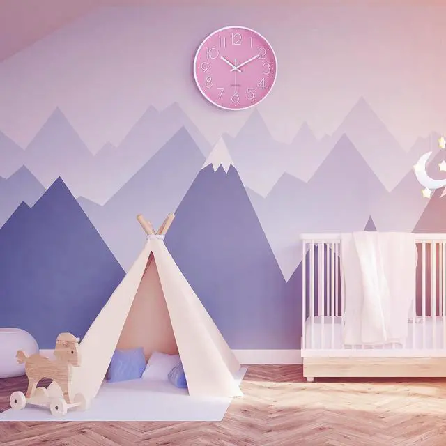 Alt view image 4 of 7 - Lafocuse 12 Inch Pink Wall Clock Battery Operated for Kitchen Living Room, Silent Kids Analog Clock for Girls Bedroom, Pink Home Décor