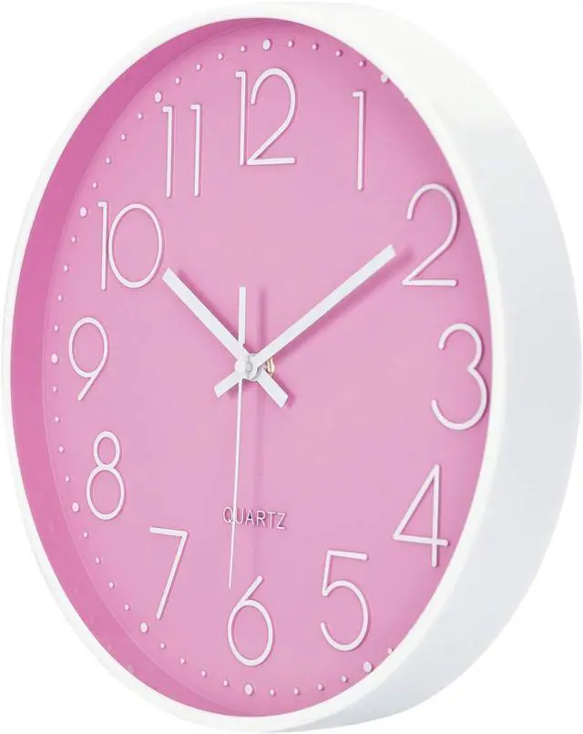 Alt view image 5 of 7 - Lafocuse 12 Inch Pink Wall Clock Battery Operated for Kitchen Living Room, Silent Kids Analog Clock for Girls Bedroom, Pink Home Décor
