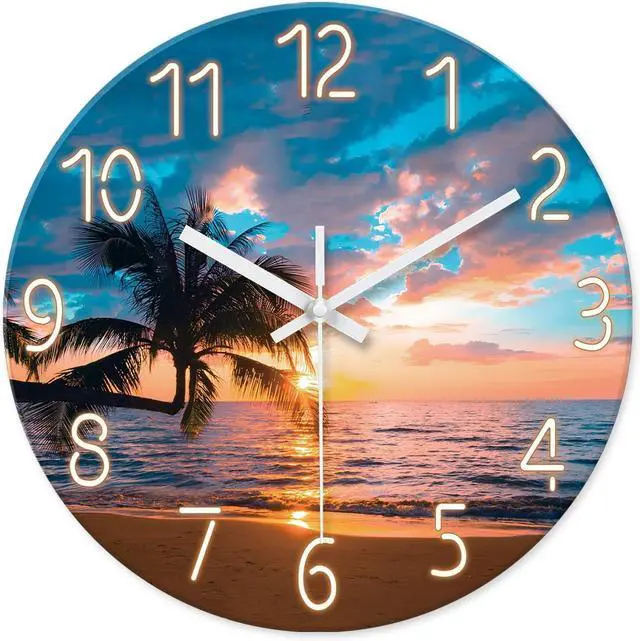 Main image of XFM Blue Nautical Beach Wall Clocks Battery Operated Palm Tree Wall Clocks for Living Room 12 Inch Round Glass Silent Wall Clock Non Ticking Sunset Clock