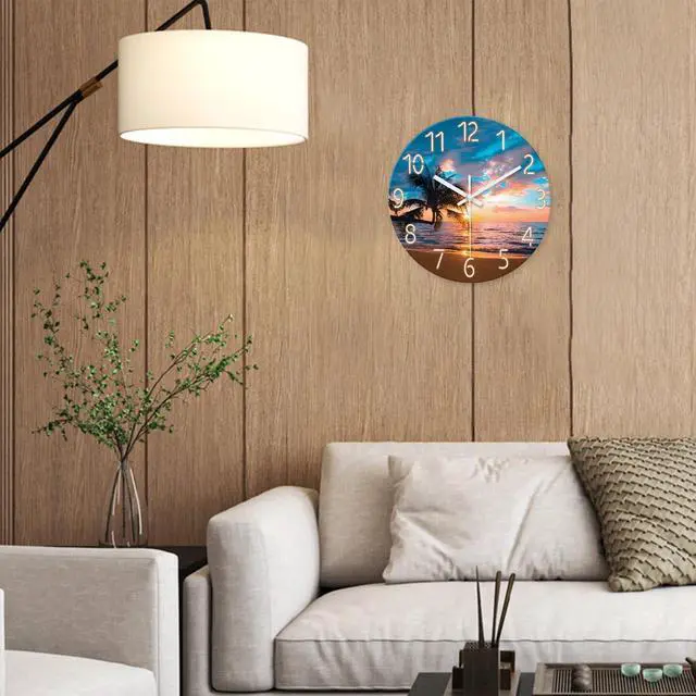 Alt view image 2 of 7 - XFM Blue Nautical Beach Wall Clocks Battery Operated Palm Tree Wall Clocks for Living Room 12 Inch Round Glass Silent Wall Clock Non Ticking Sunset Clock