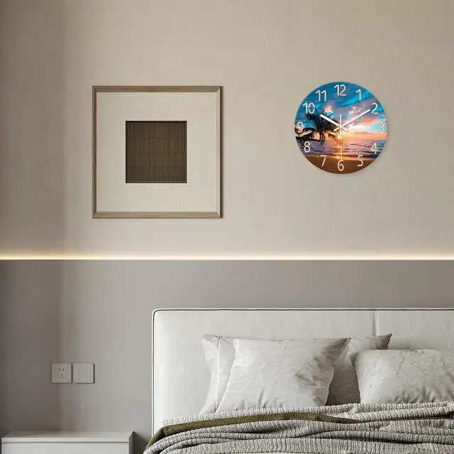 Alt view image 4 of 7 - XFM Blue Nautical Beach Wall Clocks Battery Operated Palm Tree Wall Clocks for Living Room 12 Inch Round Glass Silent Wall Clock Non Ticking Sunset Clock
