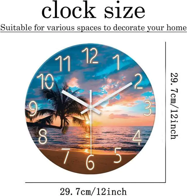 Alt view image 6 of 7 - XFM Blue Nautical Beach Wall Clocks Battery Operated Palm Tree Wall Clocks for Living Room 12 Inch Round Glass Silent Wall Clock Non Ticking Sunset Clock