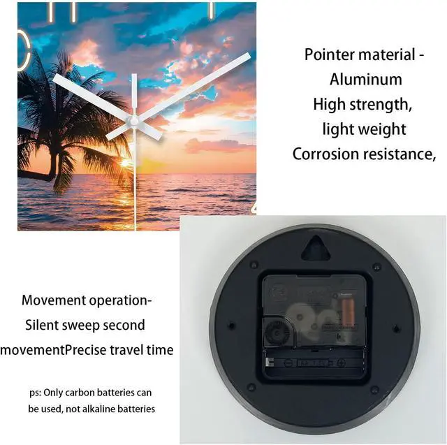 Alt view image 7 of 7 - XFM Blue Nautical Beach Wall Clocks Battery Operated Palm Tree Wall Clocks for Living Room 12 Inch Round Glass Silent Wall Clock Non Ticking Sunset Clock