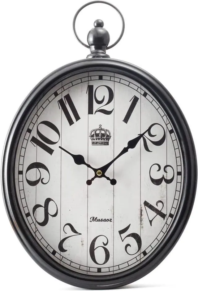 Main image of Oval Large Wall Clock Silent Non-Ticking Metal Battery Operated Retro Wall Clock Antique Design Rustic Vintage Style Decor Wall Clock for Living Room Kitchen Farmhouse 16 inch (black, 16inches)