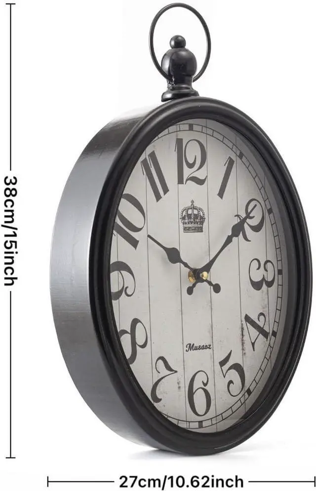 Alt view image 2 of 5 - Oval Large Wall Clock Silent Non-Ticking Metal Battery Operated Retro Wall Clock Antique Design Rustic Vintage Style Decor Wall Clock for Living Room Kitchen Farmhouse 16 inch (black, 16inches)