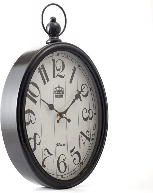Alt view image 3 of 5 - Oval Large Wall Clock Silent Non-Ticking Metal Battery Operated Retro Wall Clock Antique Design Rustic Vintage Style Decor Wall Clock for Living Room Kitchen Farmhouse 16 inch (black, 16inches)