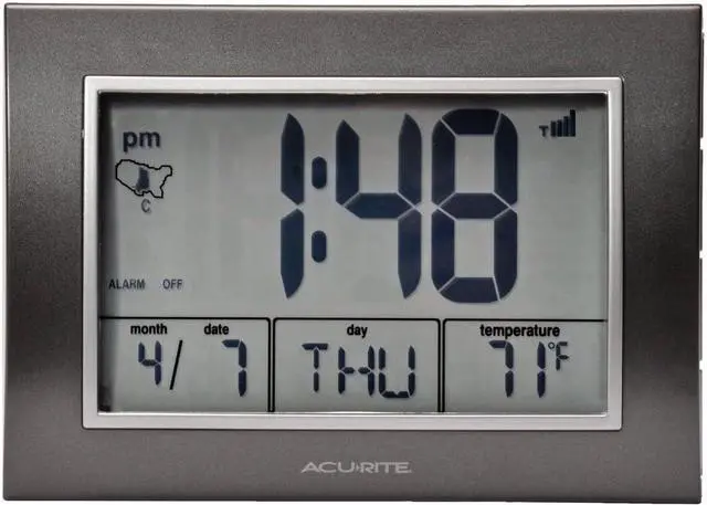 Main image of AcuRite Atomic Alarm Clock with Date, Day of Week and Temperature, Grey