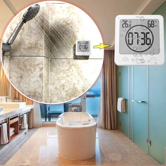 Alt view image 3 of 7 - Waterproof Hanging Wall Clock Shower Timer, Large Digital Bathroom Alarm Clock for Kids, Big Visual Kitchen Cooking Countdown Timer, Bath Temperature Humidity Meter Mirror Suction Cup Timer (White)