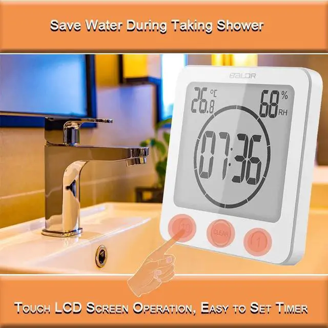 Alt view image 4 of 7 - Waterproof Hanging Wall Clock Shower Timer, Large Digital Bathroom Alarm Clock for Kids, Big Visual Kitchen Cooking Countdown Timer, Bath Temperature Humidity Meter Mirror Suction Cup Timer (White)
