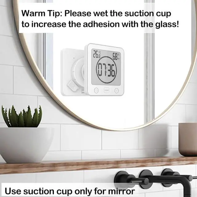 Alt view image 2 of 7 - Waterproof Hanging Wall Clock Shower Timer, Large Digital Bathroom Alarm Clock for Kids, Big Visual Kitchen Cooking Countdown Timer, Bath Temperature Humidity Meter Mirror Suction Cup Timer (White)