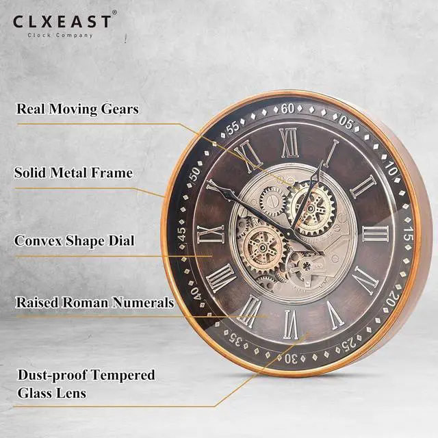 Alt view image 2 of 7 - CLXEAST 24 Inch Wall Clock with Moving Gears,Oversized Large Industrial Steampunk Clock, Antique Gold Metal Roman Numeral Wall Clocks for Farmhouse Living Room Decor