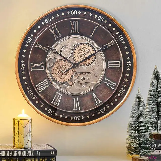 Main image of CLXEAST 24 Inch Wall Clock with Moving Gears,Oversized Large Industrial Steampunk Clock, Antique Gold Metal Roman Numeral Wall Clocks for Farmhouse Living Room Decor