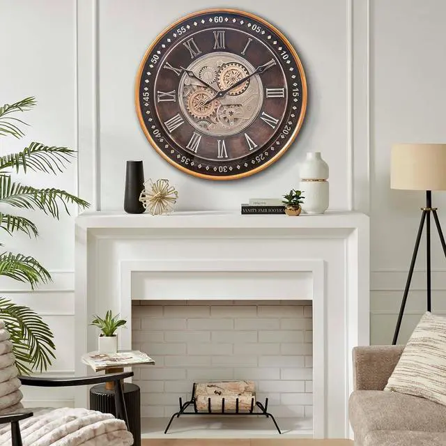 Alt view image 4 of 7 - CLXEAST 24 Inch Wall Clock with Moving Gears,Oversized Large Industrial Steampunk Clock, Antique Gold Metal Roman Numeral Wall Clocks for Farmhouse Living Room Decor