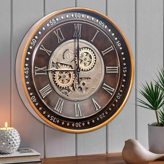 Alt view image 5 of 7 - CLXEAST 24 Inch Wall Clock with Moving Gears,Oversized Large Industrial Steampunk Clock, Antique Gold Metal Roman Numeral Wall Clocks for Farmhouse Living Room Decor