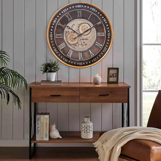 Alt view image 6 of 7 - CLXEAST 24 Inch Wall Clock with Moving Gears,Oversized Large Industrial Steampunk Clock, Antique Gold Metal Roman Numeral Wall Clocks for Farmhouse Living Room Decor